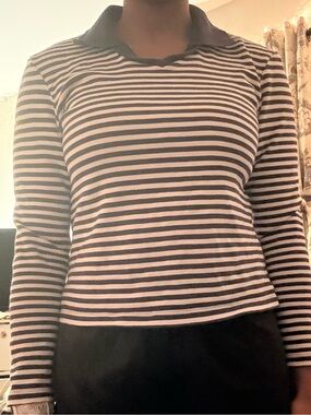 GAP Navy and White Striped Long-Sleeve Polo Top